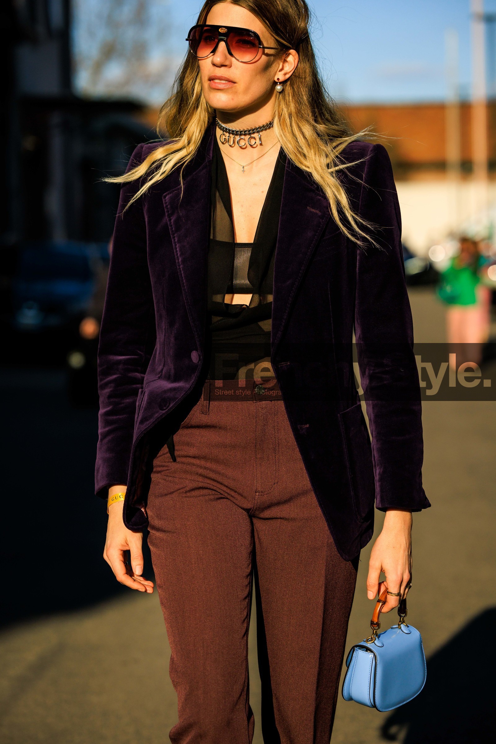 pilot glasses; red glasses; gucci; purple blazer; velvet blazer; cut out top; pearl earrings; gucci choker; straight cut pants; red pants; blue handbag; mini bag; gucci bamboo bag