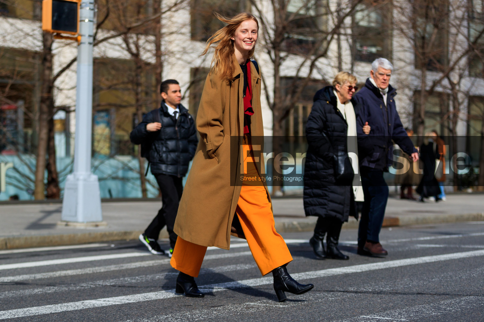beige coat, black shoes, black t shirt, camel coat, high heels, leather shoes, orange pants, red sweater, trousers, street style, jonathan paciullo, FW, frenchystyle, fashion week, NYFW, NEW YORK, AUTUMN WINTER 2018-2019, AW 18-19, FALL WINTER 2018-2019, FW 18-19, atmosphere details, horizontal, full length, model, rianne van rompaey