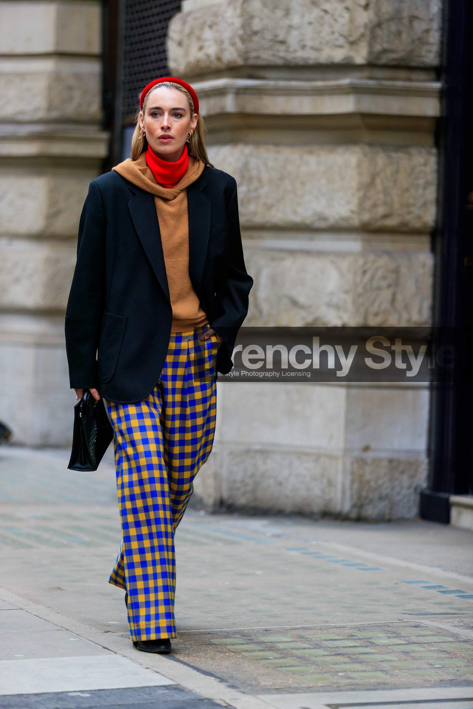 black bag, black jacket, blue pants, camel sweater, checked, flora macdonald johnston, gingham, graphic pants, headband, hoodie, leather bag, plaid, printed pants, red turtleneck, trousers, yellow pants, street style, jonathan paciullo, FW, frenchystyle, fashion week, LFW, LONDON, AUTUMN WINTER 2019-2020, AW 19-20, FW 19-20, FALL WINTER 2019-2020, vertical, full length