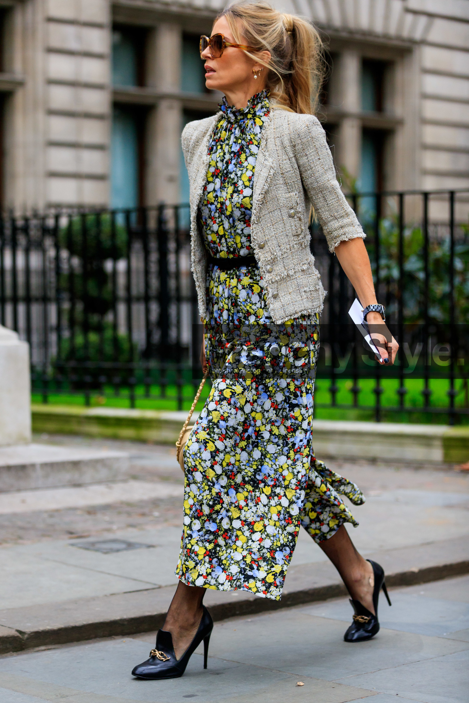 black shoes, floral, flowers, graphic dress, graphic jacket, grey jacket, high heels, leather shoes, printed dress, printed jacket, sunglasses, tweed jacket, LONDON, LFW, fashion week, frenchystyle, FW, jonathan paciullo, street style, AUTUMN WINTER 2019-2020, AW 19-20, FW 19-20, FALL WINTER 2019-2020, vertical, full length