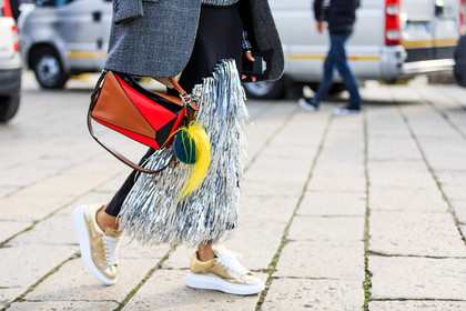 atmosphere details, AUTUMN WINTER 2016-2017, AW 16-17, black skirt, blazer, brown bag, detail, FALL WINTER 2016-2017, fashion week, frenchystyle, fringes, fun bag, FW, FW 16-17, golden sneakers, graphic bag, grey jacket, horizontal, jonathan paciullo, leather bag, leather sneakers, LFW, loewe, LONDON, MENSWEAR, metallic sneakers, multicolor bag, patchwork, pompons, street style, yellow fur