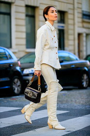 black bag, chloé, denim shirt, eva geraldine fontanelli, geraldine boublil, high boots, high heels, leather bag, leather shoes, trousers, white pants, white shirt, white shoes, fashion week, frenchystyle, FW, jonathan paciullo, street style, PFW, PARIS, AUTUMN WINTER 2019-2020, AW 19-20, FALL WINTER 2019-2020, FW 19-20, vertical, full length