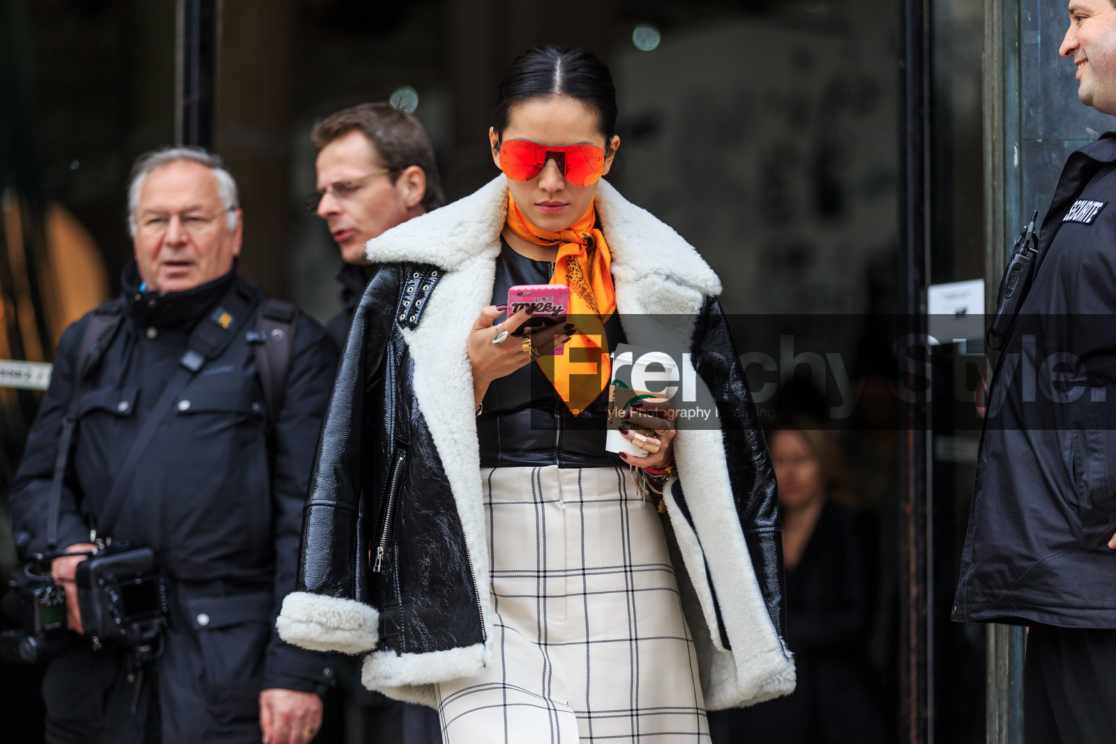 atmosphere details, AUTUMN WINTER 2016-2017, AW 16-17, black jacket, checked skirt, detail, FALL WINTER 2016-2017, fashion week, frenchystyle, FW, FW 16-17, graphic skirt, horizontal, jonathan paciullo, leather jacket, mirror effect, orange scarf, over the shoulder, PARIS, PFW, plaid, printed skirt, shearling, street style, sunglasses, tina leung, white skirt