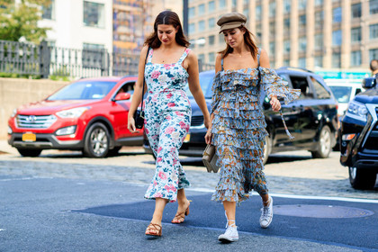 atmosphere details, beige cap, blue dress, brown sandals, converse, fashion week, floral, flowers, frenchystyle, full length, FW, gala gonzalez, graphic dress, horizontal, jonathan paciullo, leather shoes, NEW YORK, NYFW, printed dress, ruffles, SPRING SUMMER 2018, SS 18, street style, trousers, white sneakers