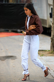 white jumpsuit, zipped jumpsuit, brown shirt, brown leather sandals, high heels sandals, laced sandals, animal skin sandals, snake skin sandals, camel leather clutch, bottega veneta bag, multi straps sandals, fashion week, frenchystyle, FW, jonathan paciullo, street style, PFW, PARIS, SPRING SUMMER 2021, SS 21, vertical, full length