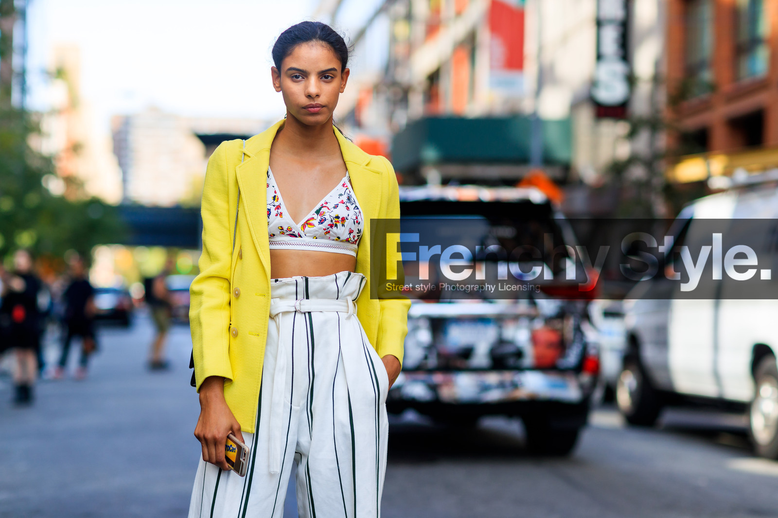atmosphere details, blazer, bra, detail, fashion week, frenchystyle, FW, graphic pants, high waist, horizontal, jonathan paciullo, model, NEW YORK, NYFW, printed pants, SPRING SUMMER 2018, SS 18, street style, striped pants, trousers, white pants, yellow jacket