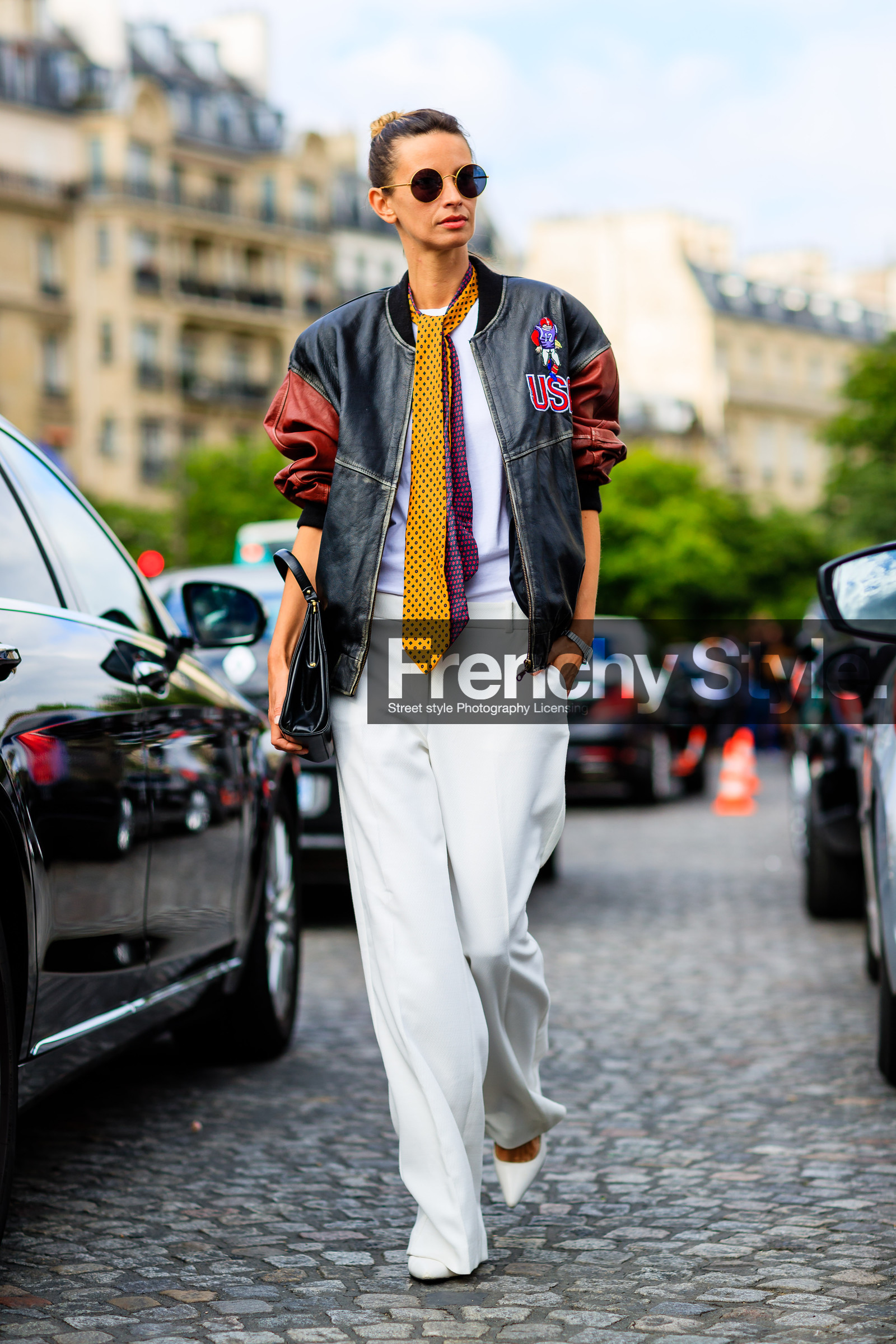 american, AUTUMN WINTER 2016-2017, AW 16-17, baseball, basketball, black bag, black jacket, Clara Racz, FALL WINTER 2016-2017, fashion week, frenchystyle, full length, FW, FW 16-17, HAUTE COUTURE, high heels, jonathan paciullo, leather bag, leather jacket, leather shoes, MENSWEAR, PARIS, PFW, printed jacket, street style, sunglasses, teddy jacket, tie, trousers, vertical, white pants, white shoes, white top
