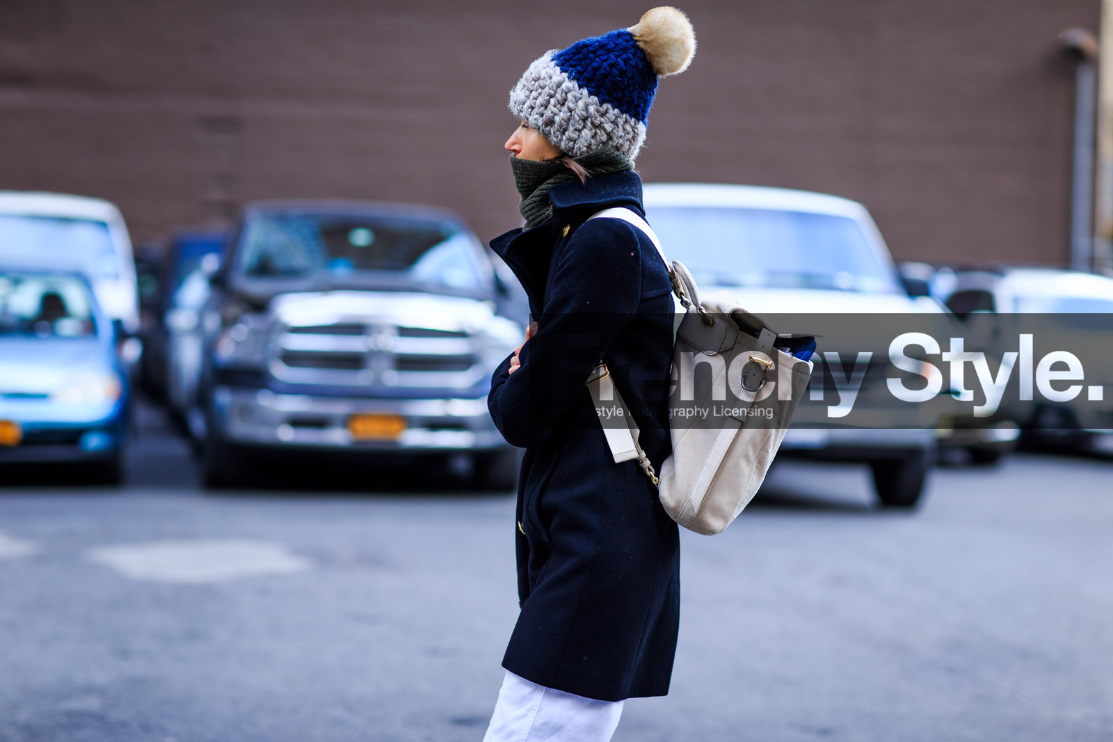 atmosphere details, AUTUMN WINTER 2016-2017, AW 16-17, backpack, blue coat, detail, FALL WINTER 2016-2017, fashion week, frenchystyle, FW, FW 16-17, grey beanie, horizontal, jonathan paciullo, kaki scarf, leather bag, NEW YORK, NYFW, overcoat, pompons, street style, white bag, woman, wool