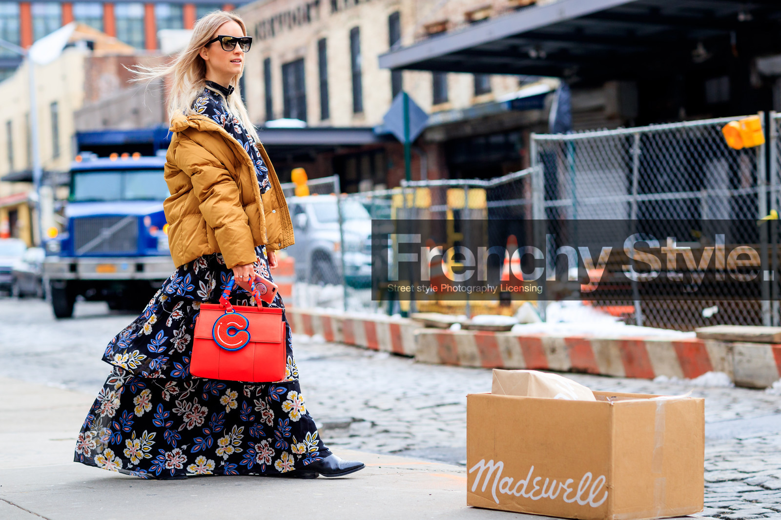 atmosphere details, AUTUMN WINTER 2017-2018, AW 17-18, Charlotte Groeneveld, down jacket, FALL WINTER 2017-2018, fashion week, floral, flower, frenchystyle, full length, FW, FW 17-18, horizontal, jonathan paciullo, leather bag, long dress, NEW YORK, NYFW, printed bag, printed dress, purple dress, red bag, street style, sunglasses, tory burch, yellow jacket