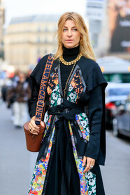 ada kokosar, black dress, turtleneck dress, knit dress, kimono jacket, black jacket, long jacket, floral print jacket, stella mccartney bag, logo strap bag, brown leather bag, box bag, bucket bag, big chain necklace, golden necklace, golden earrings, paco rabanne earrings, animal skin jacket, belted jacket, PARIS, PFW, SPRING SUMMER 2020, SS 20, fashion week, frenchystyle, FW, jonathan paciullo, street style, vertical, atmosphere details, detail