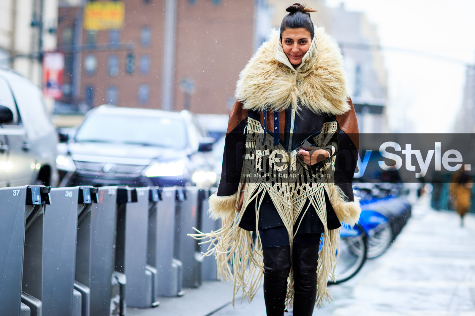 atmosphere details, AUTUMN WINTER 2016-2017, AW 16-17, black boots, brown coat, brown jacket, chanel, detail, embroidered coat, embroidered jacket, fashion week, frenchystyle, fringes, fur co, fur coat, fur collar, FW, FW 16-17, giovanna battaglia, high boots, horizontal, inuit, jonathan paciullo, leather boots, leather coat, NEW YORK, NYFW, sacai, street style, white fur, woman