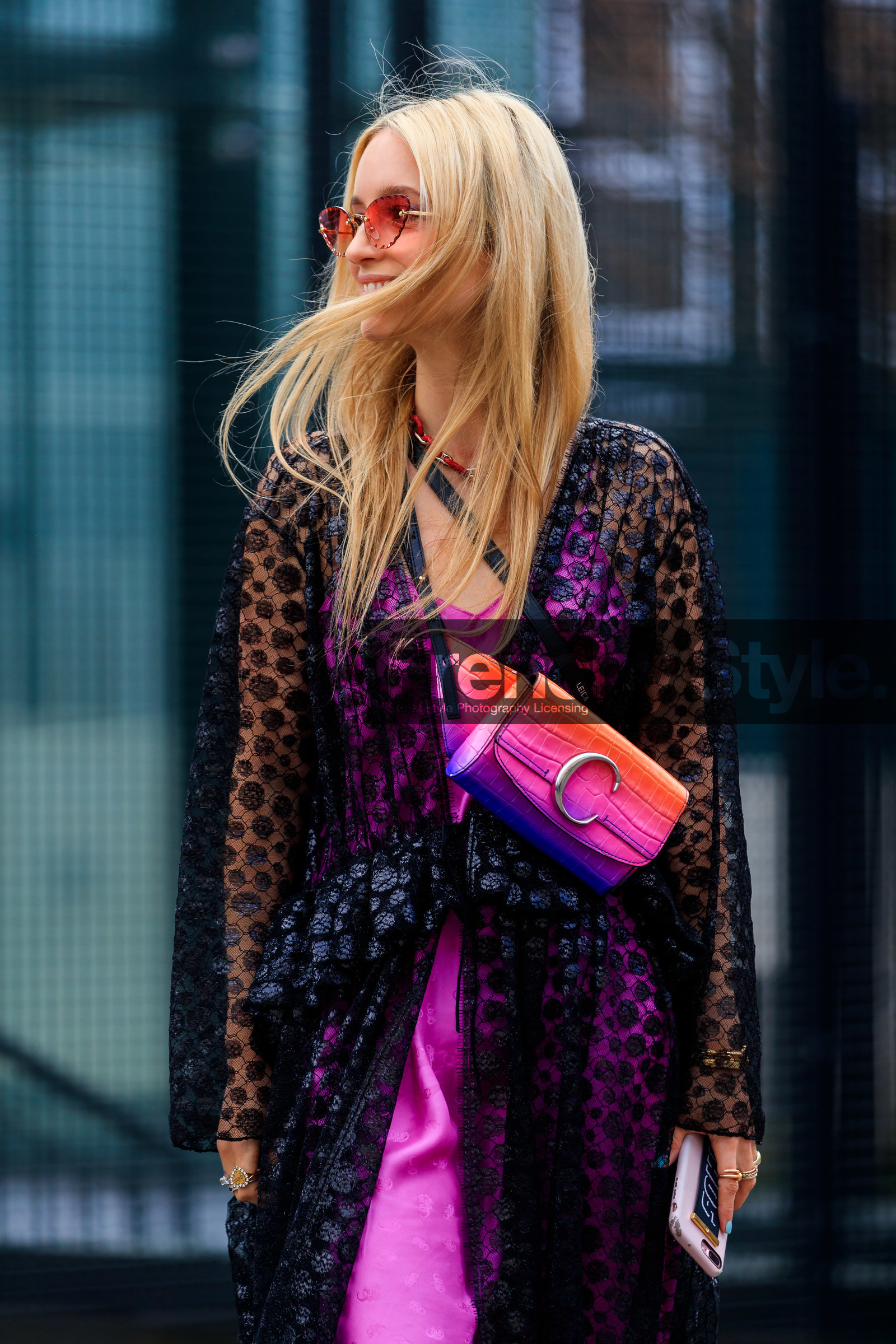 black dress, Charlotte Groeneveld, chloé, graphic bag, graphic dress, graphic jacket, leather bag, pink bag, pink dress, printed bag, printed dress, printed jacket, purple bag, ruffles, see through, sunglasses, PARIS, PFW, street style, jonathan paciullo, FW, frenchystyle, fashion week, AUTUMN WINTER 2019-2020, AW 19-20, FALL WINTER 2019-2020, FW 19-20, vertical, atmosphere details, detail