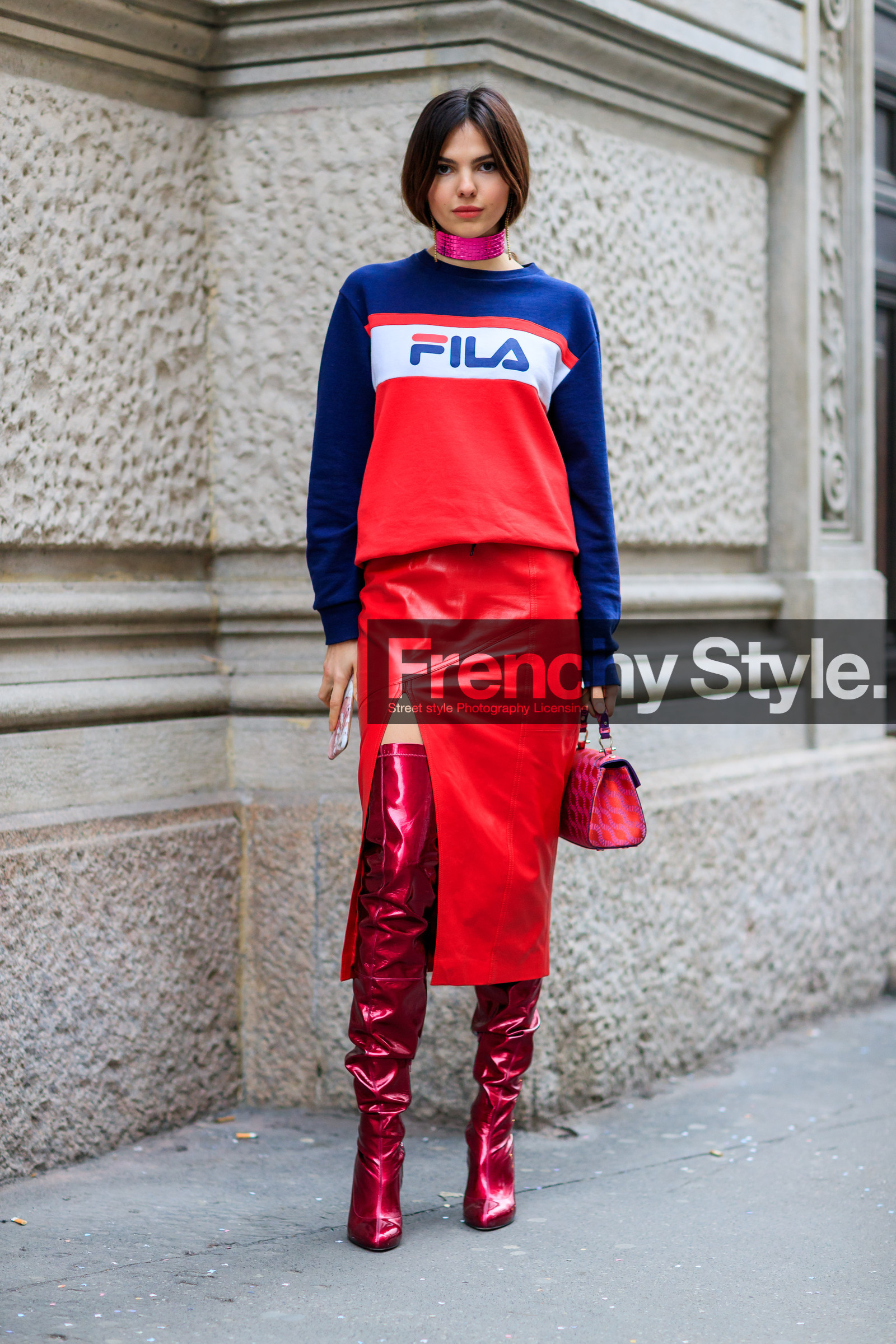 AUTUMN WINTER 2017-2018, AW 17-18, choker, doina ciobanu, FALL WINTER 2017-2018, fashion week, frenchystyle, full length, FW, FW 17-18, graphic sweater, high boots, high heels, jonathan paciullo, leather bag, leather boots, leather shoes, leather skirt, MFW, MILAN, necklace, printed bag, printed sweater, red bag, red boots, red skirt, street style, vertical, vêtements