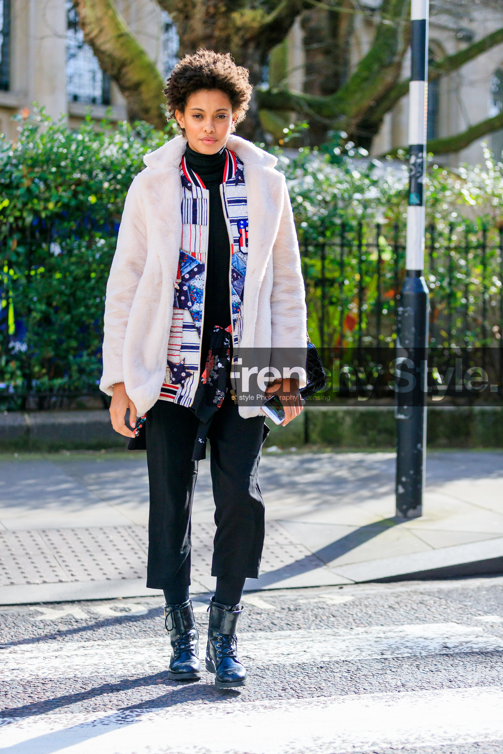 AUTUMN WINTER 2017-2018, AW 17-18, black boots, black pants, black shoes, black turtleneck, FALL WINTER 2017-2018, fashion week, frenchystyle, full length, fur jacket, FW, FW 17-18, jonathan paciullo, LFW, LONDON, model, patchwork, printed jacket, samile bermanelli, street style, trousers, vertical, white fur, white jacket