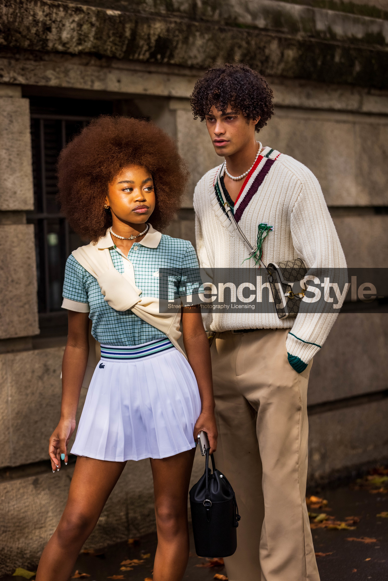 bag, beige pants, black bag, check, checked polo, couple, duo, green polo, gucci bag, jumper, Kayliah Balou, knitwear, logo bag, menswear, mini skirt, pearls necklace, pleated skirt, polo, skirt, white jumper, white knitwear, white skirt, lacoste, fashion week, frenchystyle, FW, jonathan paciullo, street style, PFW, PARIS, SPRING SUMMER 2022, SS 22, vertical, atmosphere details