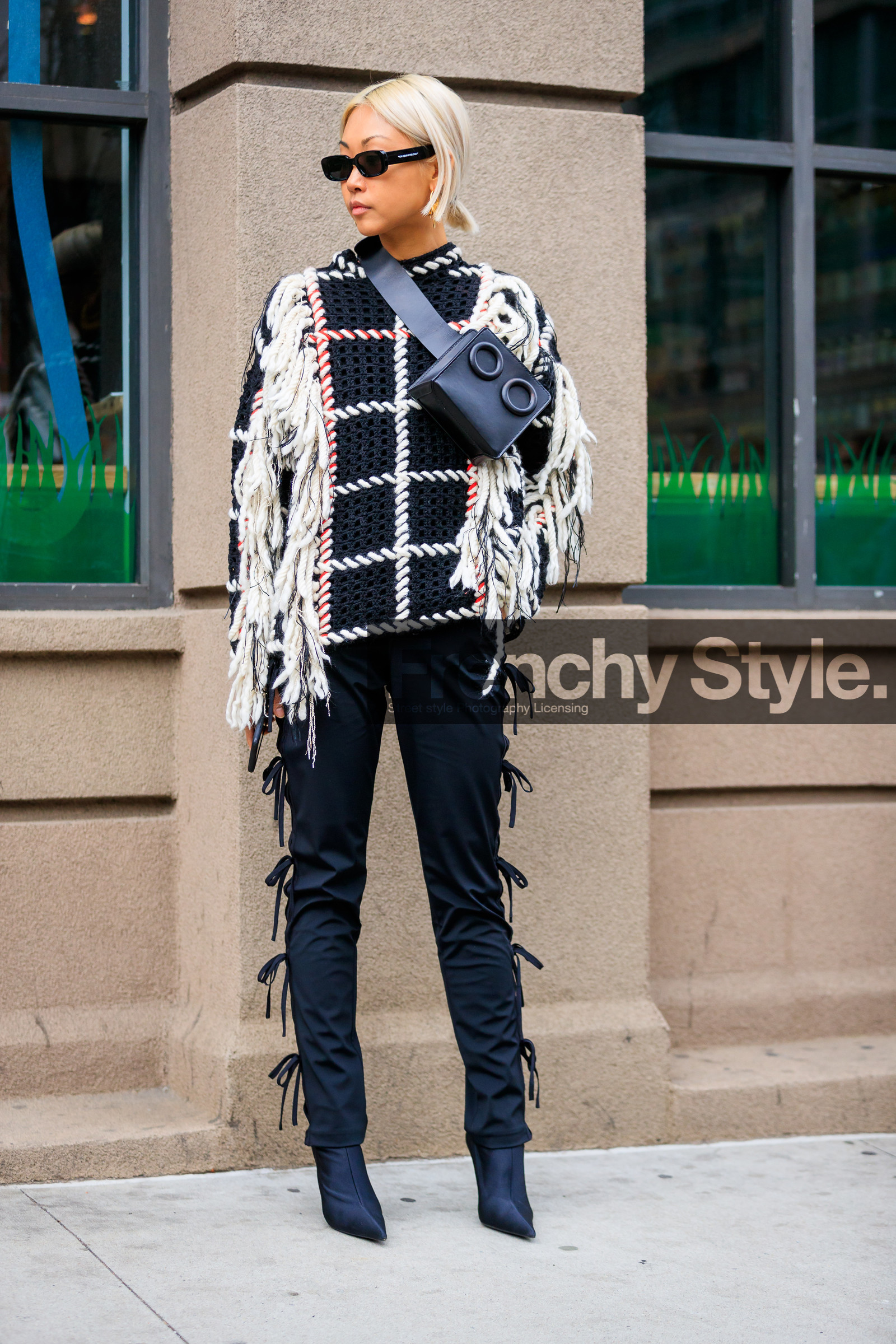 black bag, black pants, black shoes, black sweater, checked, checked sweater, earrings, fanny pack, graphic sweater, high heels, leather bag, leather shoes, plaid, sunglasses, tartan, trousers, street style, jonathan paciullo, FW, frenchystyle, fashion week, NYFW, NEW YORK, AUTUMN WINTER 2018-2019, AW 18-19, FALL WINTER 2018-2019, FW 18-19, vertical, full length, vanessa hong