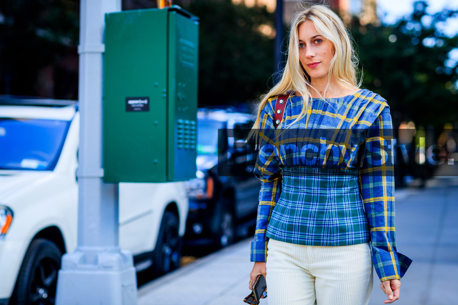 atmosphere details, blue top, checked top, corduroy, detail, fashion week, frenchystyle, FW, graphic top, horizontal, jonathan paciullo, leather bag, NEW YORK, NYFW, plaid, printed top, SPRING SUMMER 2018, SS 18, street style, tartan, trousers, white pants