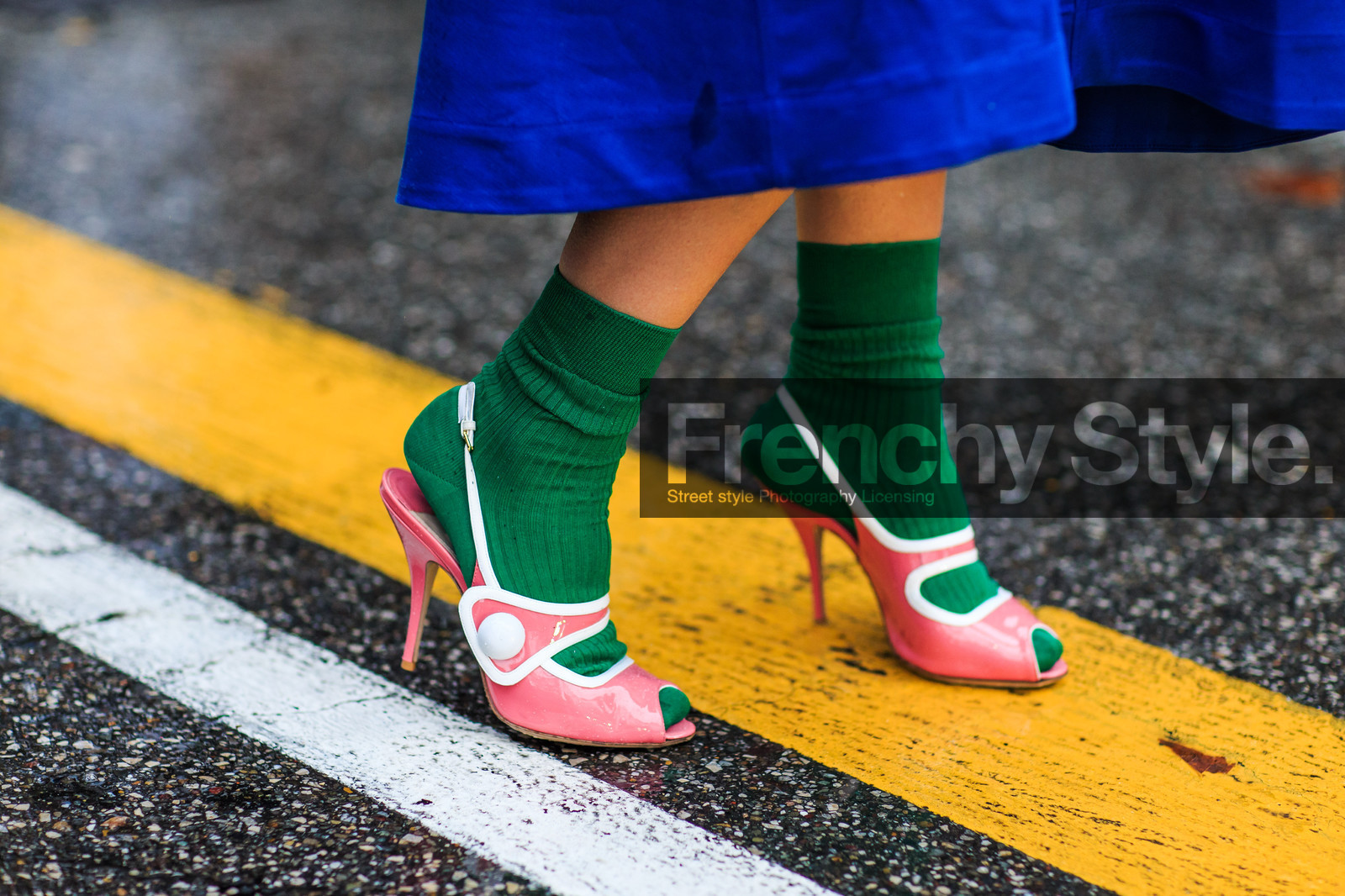 atmosphere details, AUTUMN WINTER 2016-2017, AW 16-17, blue skirt, detail, FALL WINTER 2016-2017, fashion week, frenchystyle, FW, FW 16-17, graphic shoes, green socks, high heels, horizontal, jonathan paciullo, LFW, LONDON, MENSWEAR, miu miu, open toe, pink heels, pink shoes, street style