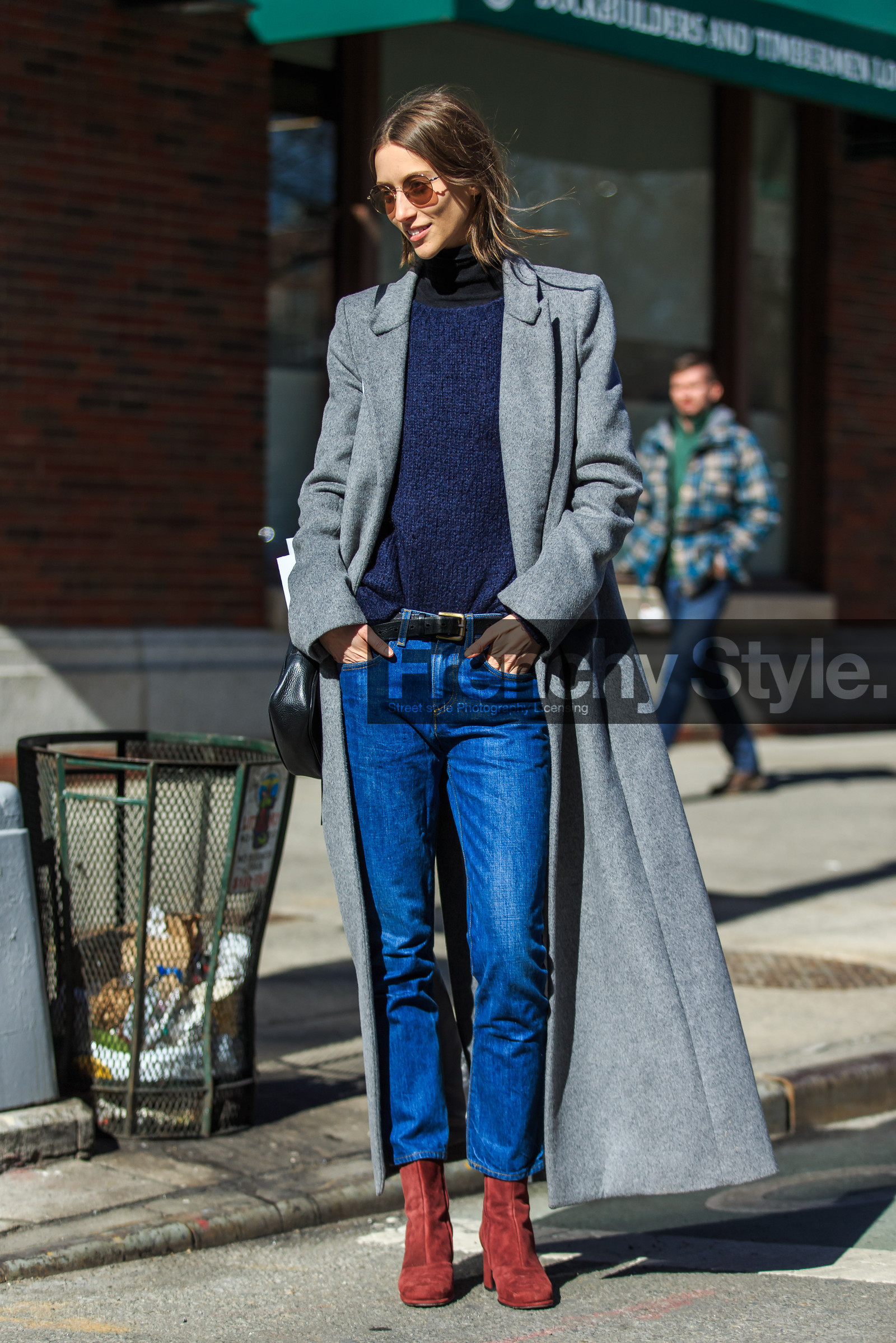 alana zimmer, AUTUMN WINTER 2016-2017, AW 16-17, black belt, black turtleneck, blue denim, blue sweater, denim pants, FALL WINTER 2016-2017, fashion week, frenchystyle, full length, FW, FW 16-17, grey coat, jeans, jonathan paciullo, leather belt, long coat, model, NEW YORK, NYFW, red boots, street style, suede shoes, sunglasses, trousers, vertical, woman
