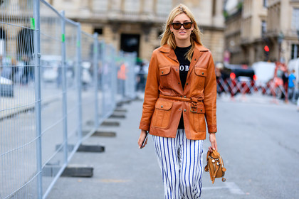 atmosphere details, camel bag, camel jacket, camille charriere, detail, fashion week, frenchystyle, FW, horizontal, jonathan paciullo, leather bag, leather jacket, PARIS, PFW, printed pants, SPRING SUMMER 2017, SS 17, street style, striped pants, sunglasses, trousers, white pants