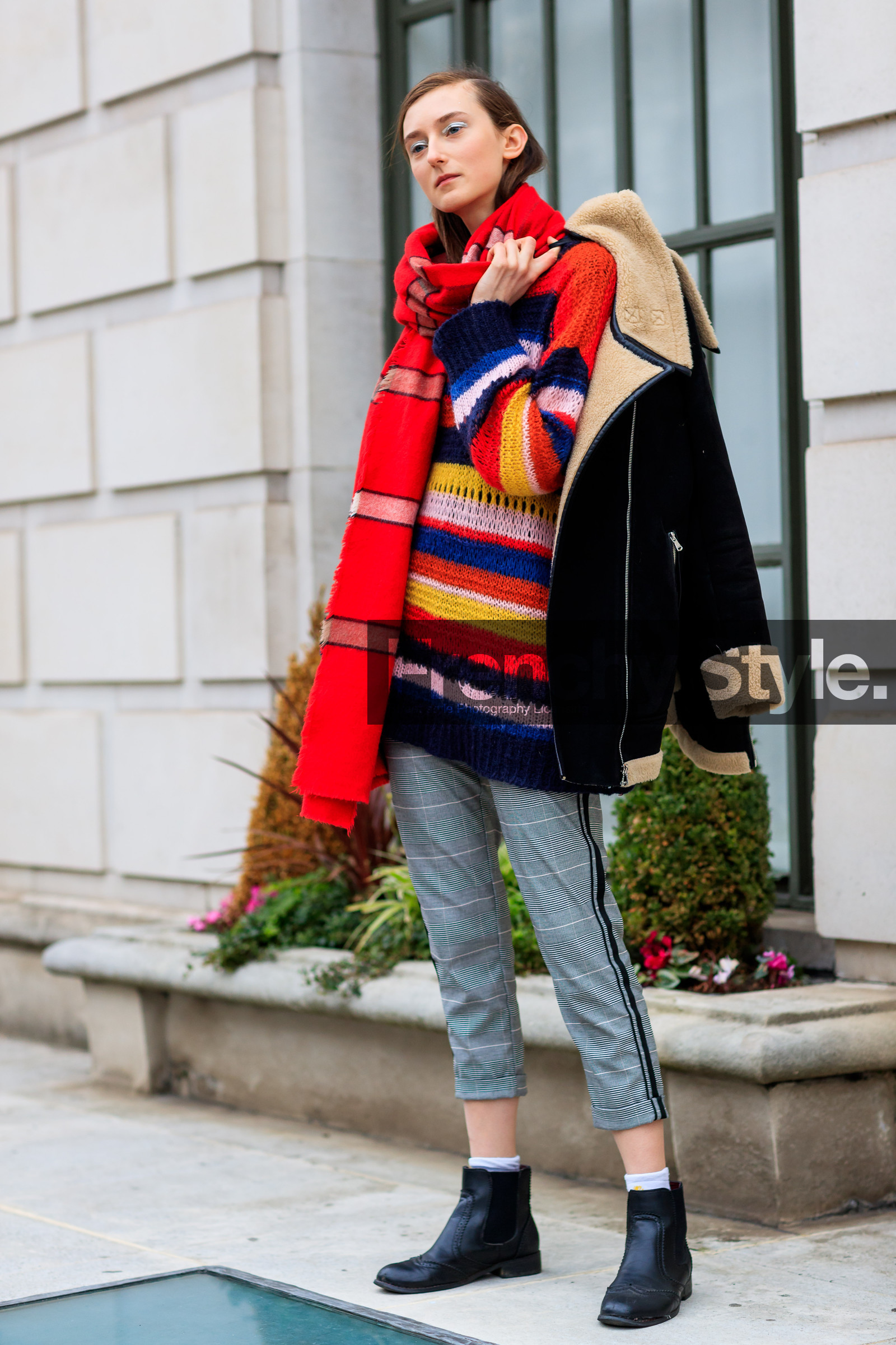 black jacket, black shoes, checked pants, graphic sweater, grey pants, leather shoes, multicolor sweater, plaid, printed pants, printed sweater, red scarf, shearling, striped sweater, trousers, street style, jonathan paciullo, FW, frenchystyle, fashion week, LFW, LONDON, AUTUMN WINTER 2018-2019, AW 18-19, FALL WINTER 2018-2019, FW 18-19, vertical, full length, model