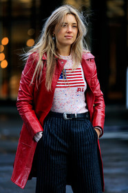 aemilia madden, red leather jacket, long jacket, ralph lauren pullover, light pink pullover, black leather belt, dark grey pants, striped pants, cowboy belt, fashion week, frenchystyle, FW, jonathan paciullo, street style, AUTUMN WINTER 2020-2021, FALL WINTER 2020-2021, FW 20-21, vertical, atmosphere details, detail, NYFW, NEW YORK
