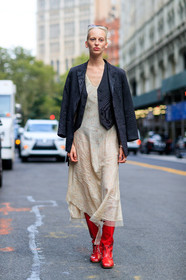 beige dress, black jacket, fashion week, frenchystyle, full length, FW, high heels, jonathan paciullo, leather shoes, model, NEW YORK, NYFW, printed dress, red boots, sleeveless, SPRING SUMMER 2018, SS 18, street style, vertical