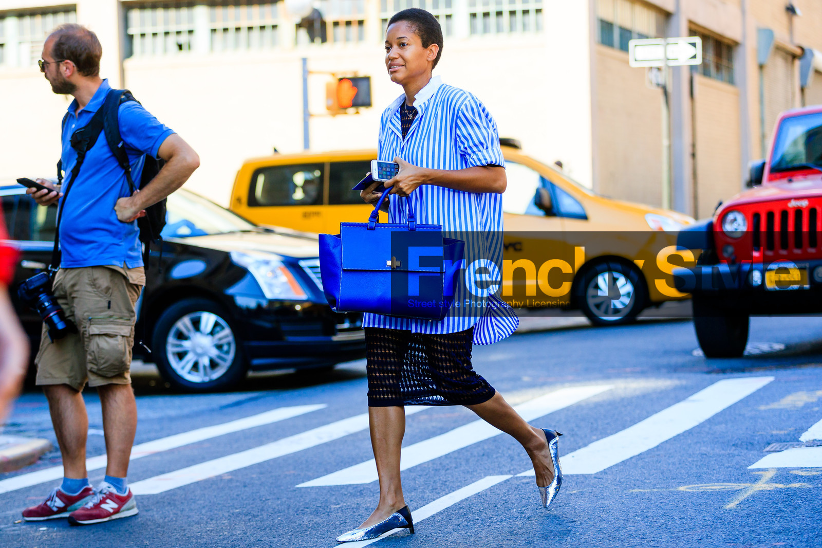 atmosphere details, black skirt, blue bag, fashion week, frenchystyle, full length, FW, glitter, horizontal, jonathan paciullo, leather bag, leather shoes, men shirt, NEW YORK, NYFW, oversize, see through, shiny shoes, silver shoes, SPRING SUMMER 2017, SS 17, street style, striped shirt, tamu mcpherson, woman