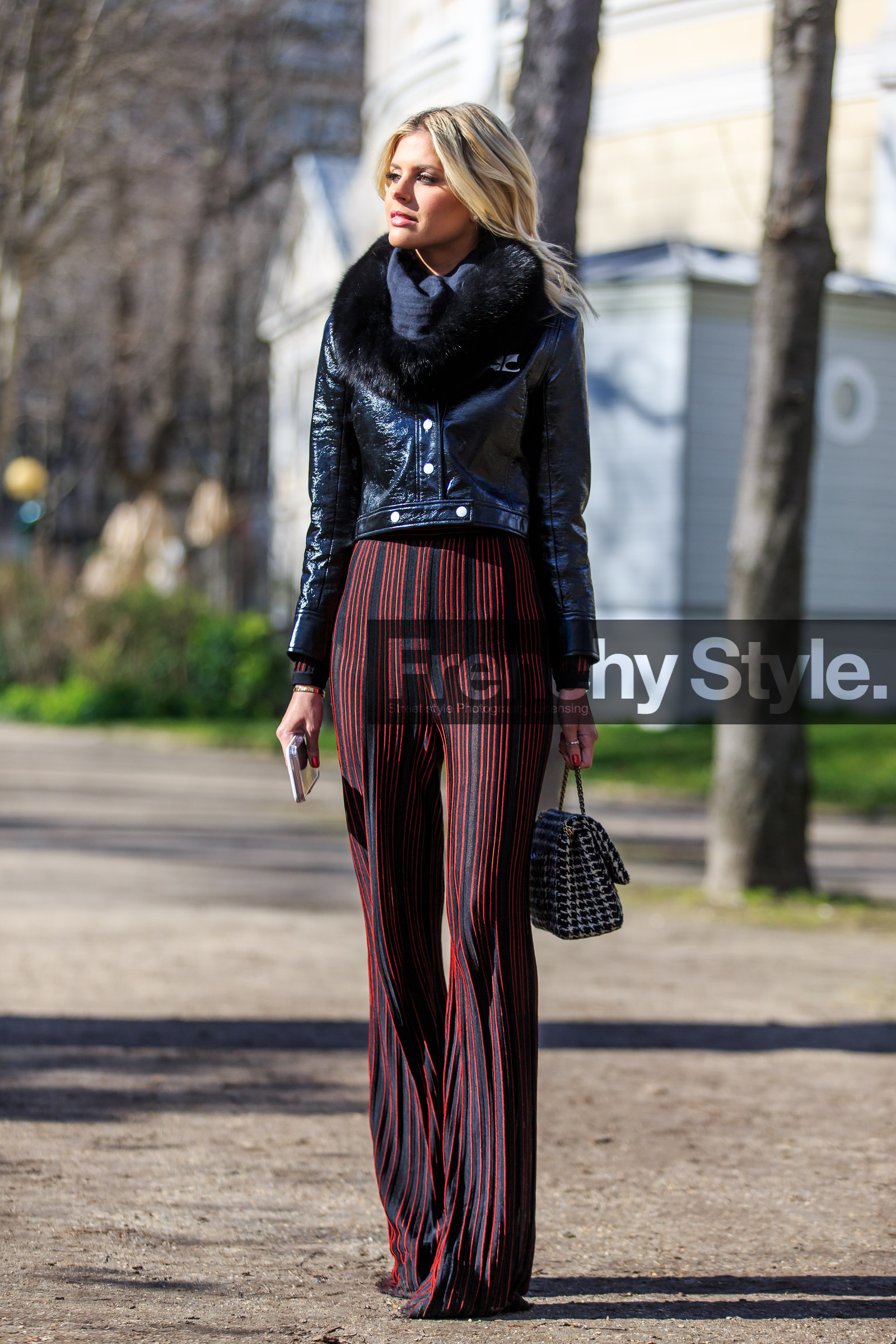 AUTUMN WINTER 2016-2017, AW 16-17, black and white bag, black fur, black jacket, black scarf, courrèges, FALL WINTER 2016-2017, fashion week, frenchystyle, full length, fur scarf, FW, FW 16-17, graphic pants, houndstooth pattern, jonathan paciullo, lala rudge, leather jacket, PARIS, PFW, printed bag, see through, street style, striped pants, stripes, trousers, varnished leather, vertical