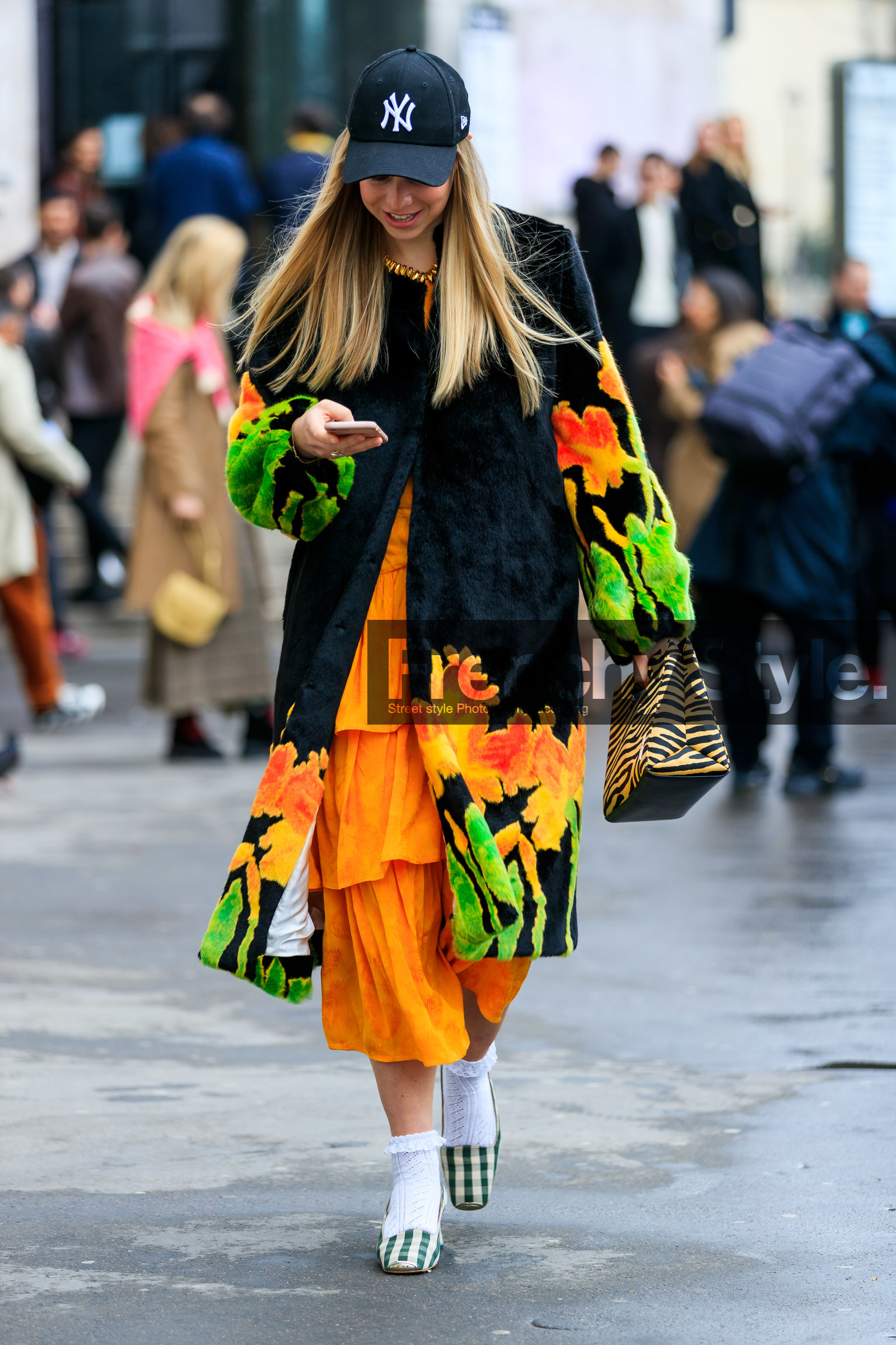 animal print, black cap, black fur coat, chloe king, floral, flowers, gingham, graphic bag, graphic jacket, green shoes, leather bag, leather shoes, orange bag, orange dress, printed bag, printed jacket, ruffles, white socks, zebra, PARIS, PFW, street style, jonathan paciullo, FW, frenchystyle, fashion week, AUTUMN WINTER 2019-2020, AW 19-20, FALL WINTER 2019-2020, FW 19-20, vertical, full length