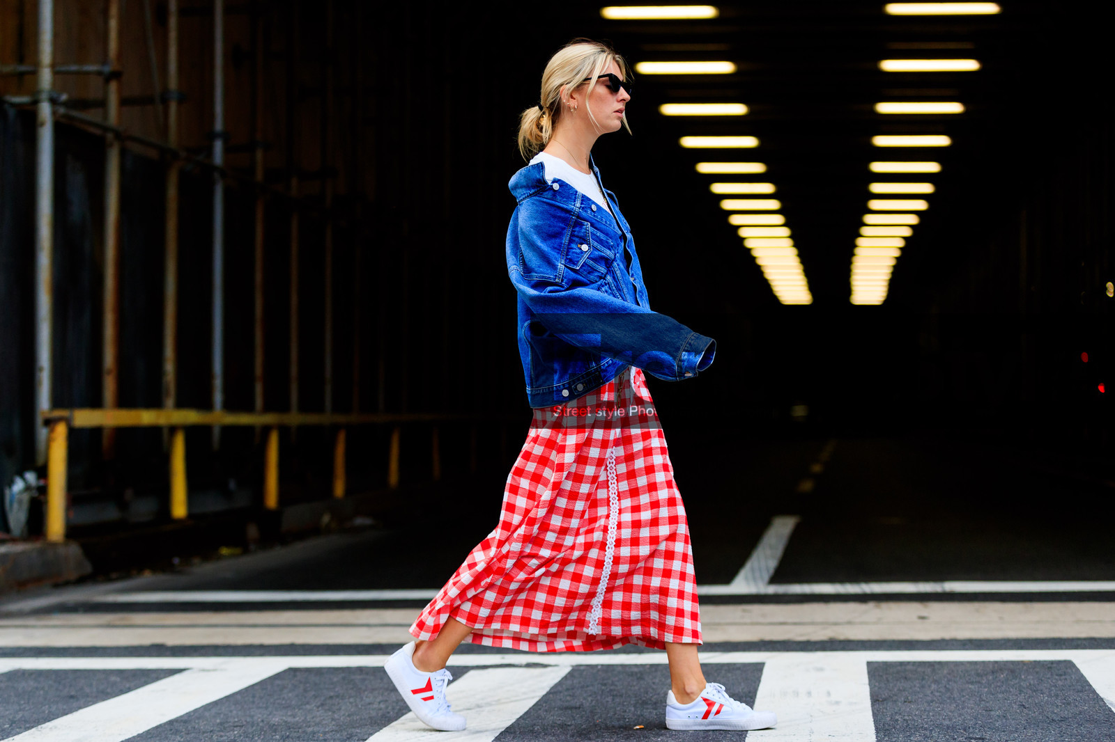 atmosphere details, balenciaga, blue bag, blue denim, camille charriere, checked skirt, denim jacket, fashion week, frenchystyle, full length, FW, graphic skirt, horizontal, jonathan paciullo, leather bag, NEW YORK, NYFW, plaid, printed skirt, red skirt, SPRING SUMMER 2018, SS 18, street style, sunglasses, white sneakers