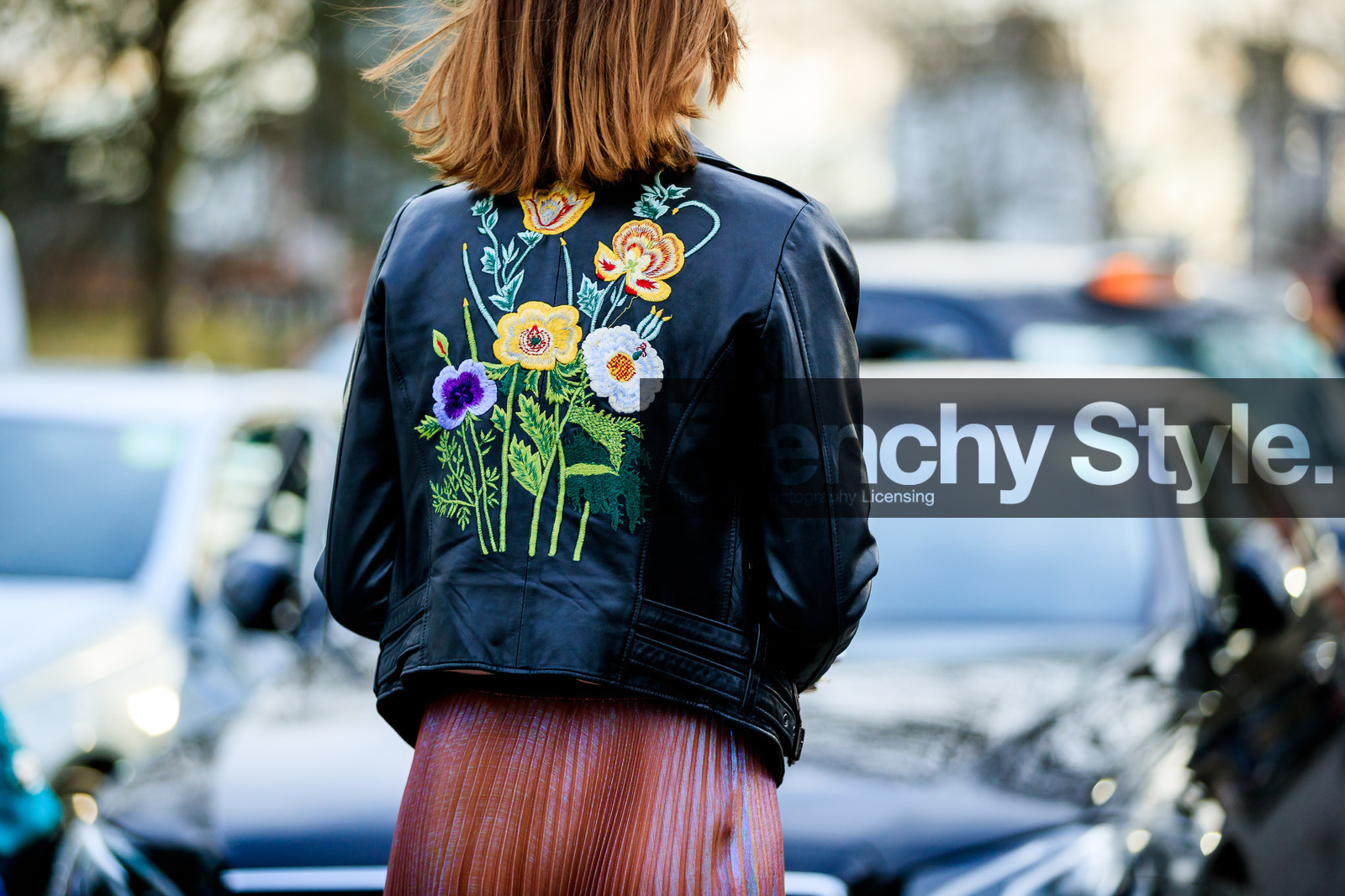 atmosphere details, AUTUMN WINTER 2017-2018, AW 17-18, back detail, black jacket, black perfecto, detail, embroidered jacket, FALL WINTER 2017-2018, fashion week, floral, flower, frenchystyle, FW, FW 17-18, horizontal, jonathan paciullo, leather jacket, leather perfecto, LFW, LONDON, pink skirt, pleated skirt, street style
