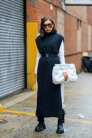 karina nigay, dark grey dress, knit dress, knitwear, turtleneck dress, long dress, sleeveless dress, white top, white leather clutch, margiela bag, belted dress, louis vuitton belt, aviator sunglasses, futurist shape sunglasses, ankle bag, mini bag, prada boots, flat boots, big sole boots, laced boots, fashion week, frenchystyle, FW, jonathan paciullo, street style, NYFW, NEW YORK, AUTUMN WINTER 2020-2021, FALL WINTER 2020-2021, FW 20-21, vertical, full length