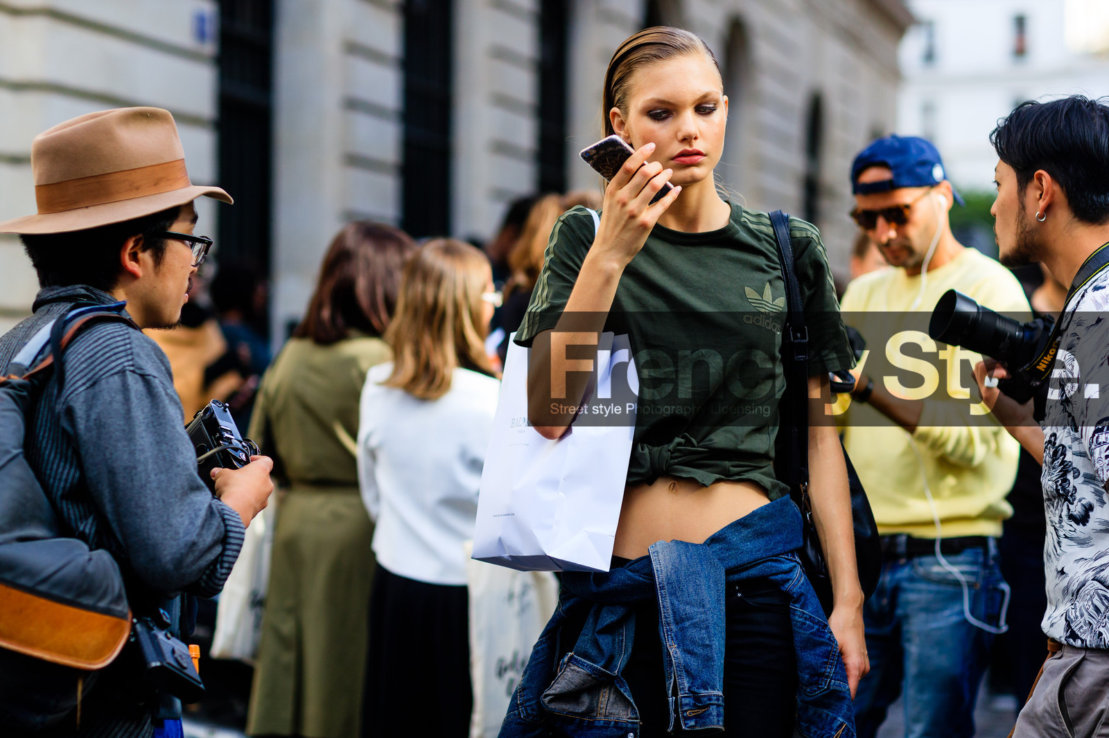 adidas, atmosphere details, blue denim, denim jacket, detail, fashion week, frenchystyle, FW, green top, horizontal, jonathan paciullo, model, PARIS, PFW, pulled back hair, SPRING SUMMER 2017, SS 17, street style, wet hair