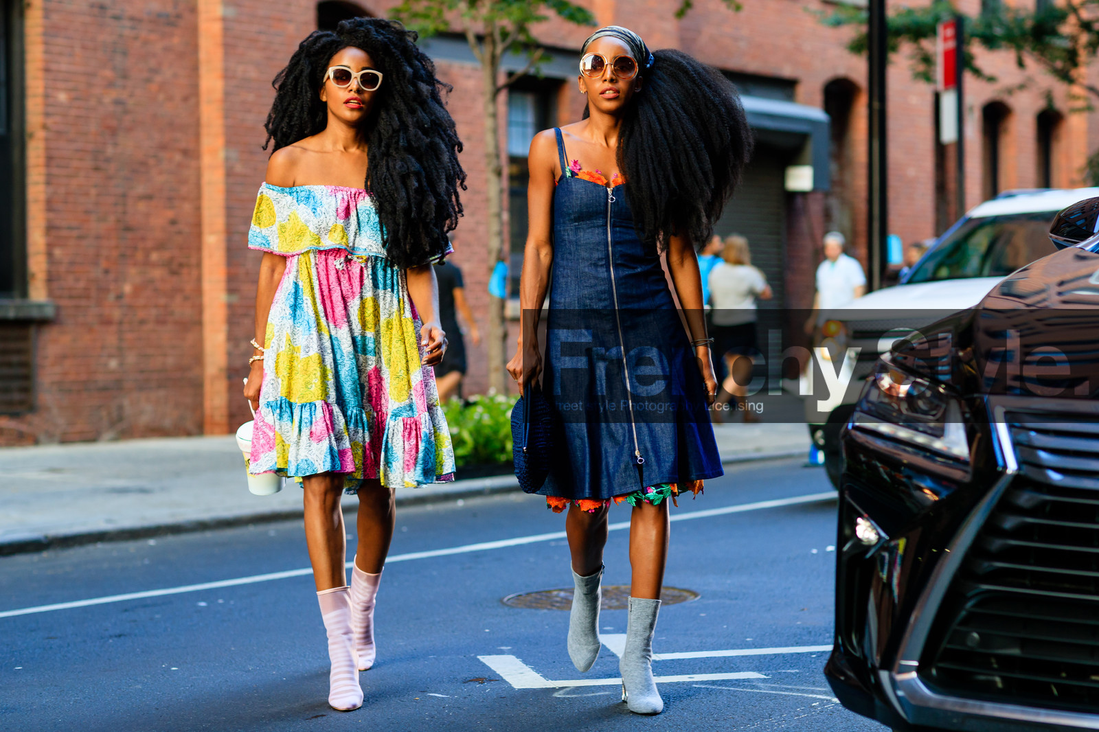 atmosphere details, blue boots, blue denim, blue dress, bustier dress, Cipriana And Takenya Quann, denim dress, fashion week, frenchystyle, full length, FW, horizontal, jonathan paciullo, leather bag, NEW YORK, NYFW, off the shoulder, pink, pink boots, printed dress, scarf, SPRING SUMMER 2017, SS 17, street style, sunglasses, tie & die, turquoise, white, white bag, woman, yellow, zip