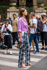 brown bag, check, color, facial mask, fluid pants, gucci bag, leather bag, leather sandals, logo bag, pink sandals, pink shirt, print, printed bag, printed pants, shirt, split, splited pants, striped shirt, stripes, fashion week, frenchystyle, FW, jonathan paciullo, street style, SPRING SUMMER 2022, SS 22, MFW, MILAN, vertical, full length