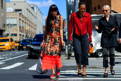 atmosphere details, black denim, black jacket, black shoes, blazer, denim pants, fashion week, frenchystyle, full length, fun sunglasses, FW, graphic dress, high heels, horizontal, jeans, jonathan paciullo, leather bag, leather shoes, miu miu, NEW YORK, NYFW, orange bag, printed dress, red dress, red shirt, red shoes, silver bag, SPRING SUMMER 2018, SS 18, street style, sunglasses, trousers, wedges