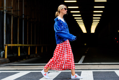 atmosphere details, balenciaga, blue bag, blue denim, camille charriere, checked skirt, denim jacket, fashion week, frenchystyle, full length, FW, graphic skirt, horizontal, jonathan paciullo, leather bag, NEW YORK, NYFW, plaid, printed skirt, red skirt, SPRING SUMMER 2018, SS 18, street style, sunglasses, white sneakers