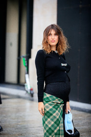 jeanne damas, miu miu dress, miu miu cardigan, black cardigan, black dress, brocart dress, checked dress, green dress, plaid dress, embroidered cardigan, strassed cardigan, woolen dress, PARIS, PFW, fashion week, frenchystyle, FW, jonathan paciullo, street style, SPRING SUMMER 2021, SS 21, vertical, atmosphere details, detail