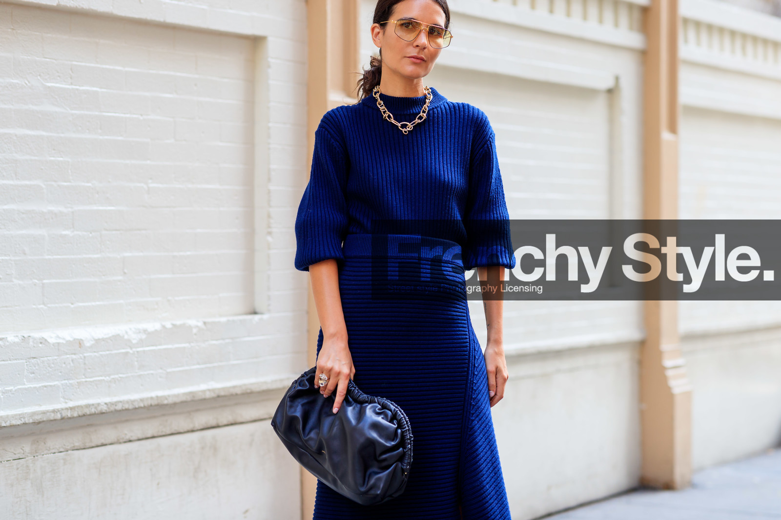 black bag, blue skirt, blue sweater, leather bag, mansur gabriel, necklace, sunglasses, street style, jonathan paciullo, FW, frenchystyle, fashion week, NEW YORK, NYFW, SPRING SUMMER 2020, SS 20, horizontal, atmosphere details, detail