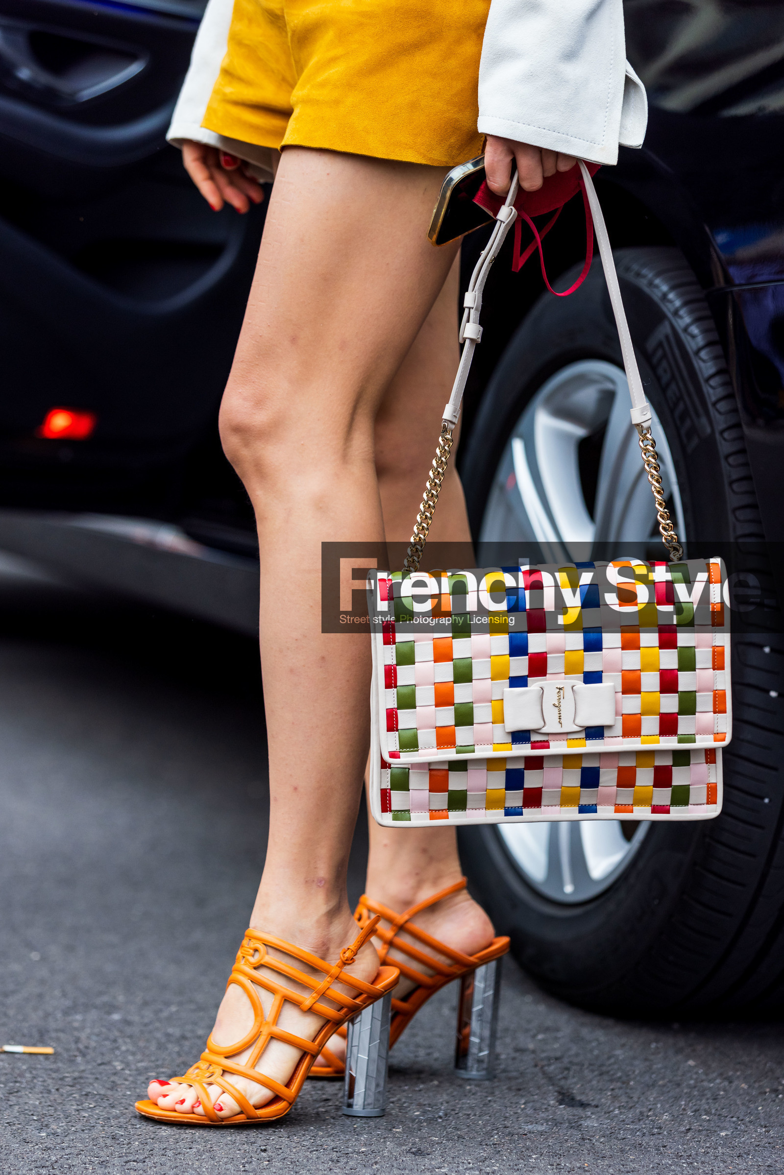 bag, chain bag, checked bag, close up, color, colored bag, colorful, detail, ferragamo bag, heels, leather bag, mules, multicolor, orange sandals, print, printed bag, sandals, short, statement shoes, suede short, fashion week, frenchystyle, FW, jonathan paciullo, street style, SPRING SUMMER 2022, SS 22, MFW, MILAN, vertical, atmosphere details