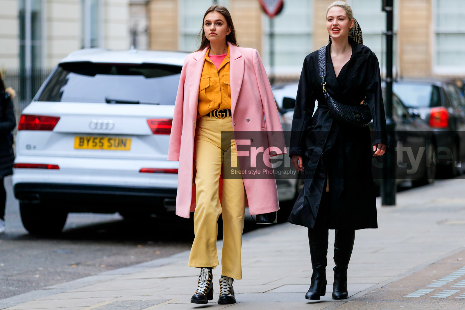 black bag, black belt, black coat, black shoes, fanny pack, fendi, gucci, high boots, high heels, leather bag, leather belt, leather shoes, orange shirt, over the shoulder, pink coat, tone on tone, total look black, trench coat, trousers, yellow pants, street style, jonathan paciullo, FW, frenchystyle, fashion week, LFW, LONDON, AUTUMN WINTER 2019-2020, AW 19-20, FW 19-20, FALL WINTER 2019-2020, horizontal, atmosphere details, full length