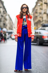 AUTUMN WINTER 2016-2017, AW 16-17, blue pants, eleonora carisi, embroidered jacket, FALL WINTER 2016-2017, fashion week, frenchystyle, full length, FW, FW 16-17, high waist, jonathan paciullo, leather boots, LFW, LONDON, MENSWEAR, printed t shirt, red boots, red jacket, street style, sunglasses, teddy jacket, trousers, vertical, white t shirt, wide pants