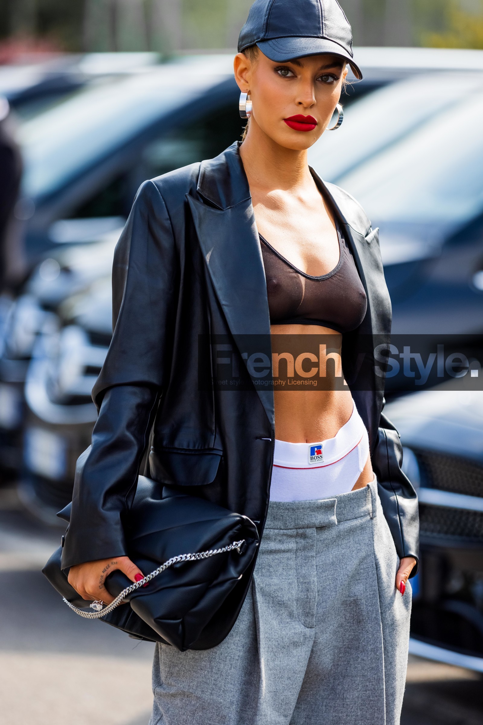 black bag, baggy pants, black cap, blazer, boss look, bra, cap, grey pants, heels, hoops, Jessica Goicoechea, leather bag, leather blazer, low waist pants, panties, quilted bag, red lips, silver hoops, transparent bra, underwear, fashion week, frenchystyle, FW, jonathan paciullo, street style, MFW, MILAN, SPRING SUMMER 2022, SS 22, vertical, atmosphere details, detail