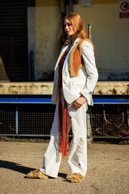 corduroy suit, ginger hair, white suit, leather cropped vest, brown vest, red braided scarf, printed tshirt, grey tshirt, brown belt, leather belt, furry shoes, leather slippers, larsen thompson, fashion week, frenchystyle, FW, jonathan paciullo, street style, vertical, full length