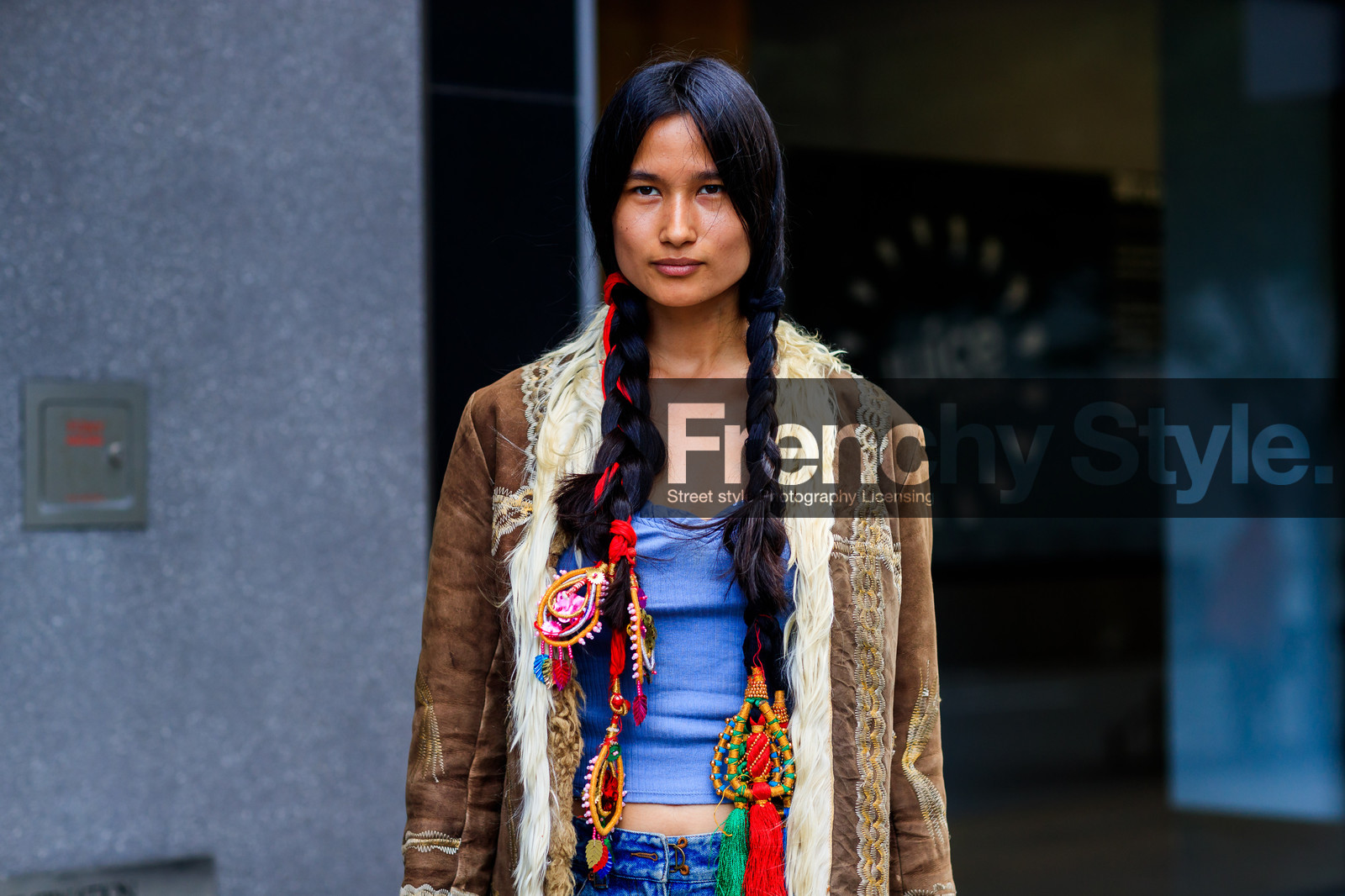 atmosphere details, blue denim, blue tank top, braids, brown jacket, denim pants, detail, fashion week, frenchystyle, fur collar, FW, hair jewels, horizontal, jeans, jonathan paciullo, model, NEW YORK, NYFW, shearling, SPRING SUMMER 2018, SS 18, street style, trousers, varsha thapa