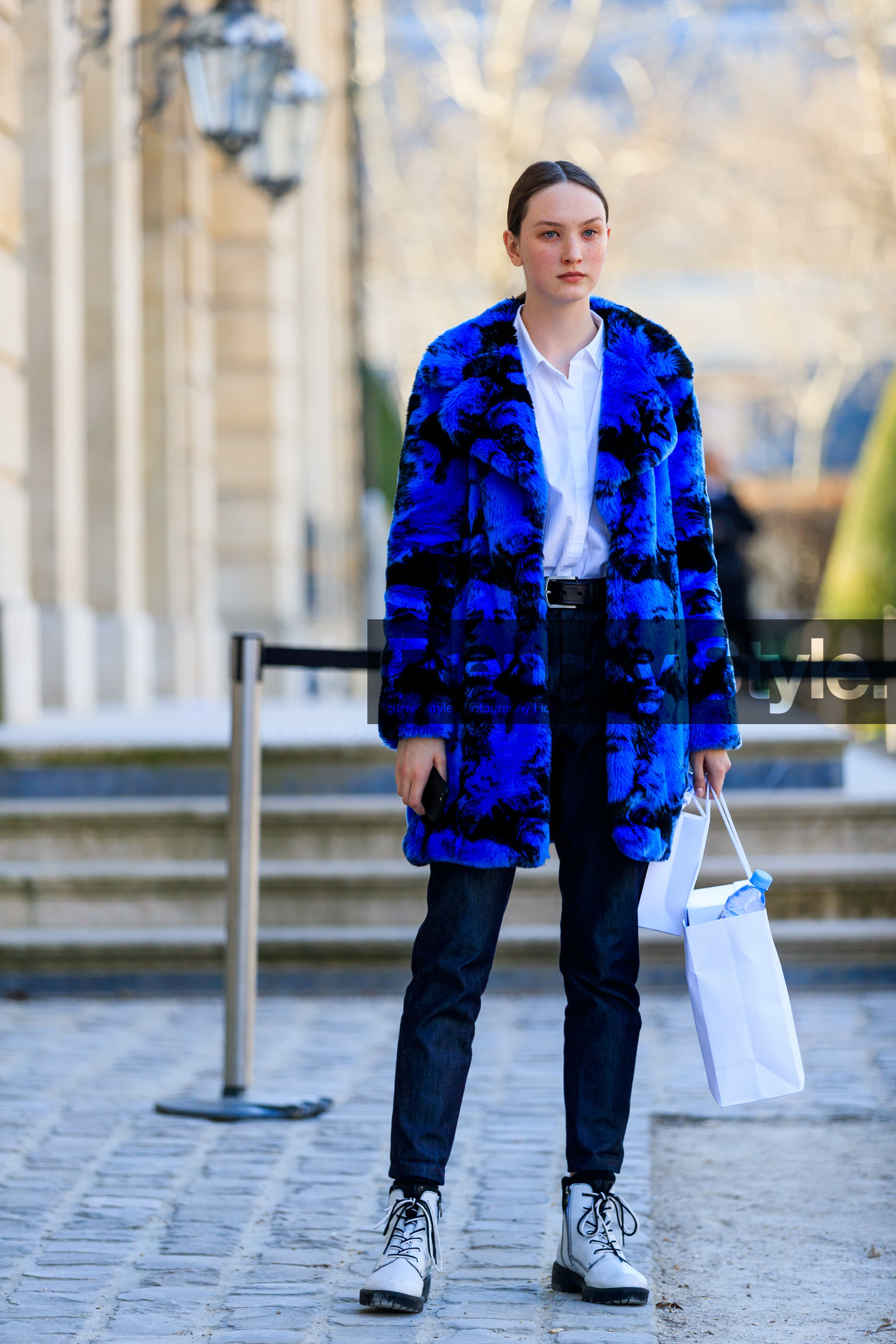blue denim, blue fur coat, denim pants, fur jacket, graphic jacket, jeans, leather bag, leather shoes, model, printed jacket, trousers, white shirt, white shoes, PARIS, PFW, street style, jonathan paciullo, FW, frenchystyle, fashion week, AUTUMN WINTER 2019-2020, AW 19-20, FALL WINTER 2019-2020, FW 19-20, vertical, full length