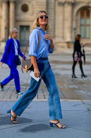 adenorah, denim, denim shirt, denim shoes, light blue jeans, light blue shirt, blue jeans, blue shoes, flare jeans, bicolor pants, multi straps sandals, multi straps slippers, kitten heels slippers, monogrammed bag, shoulder bag, brown leather bag, louis vuitton bag, louis vuitton pants, PARIS, PFW, SPRING SUMMER 2020, SS 20, fashion week, frenchystyle, FW, jonathan paciullo, street style, vertical, full length