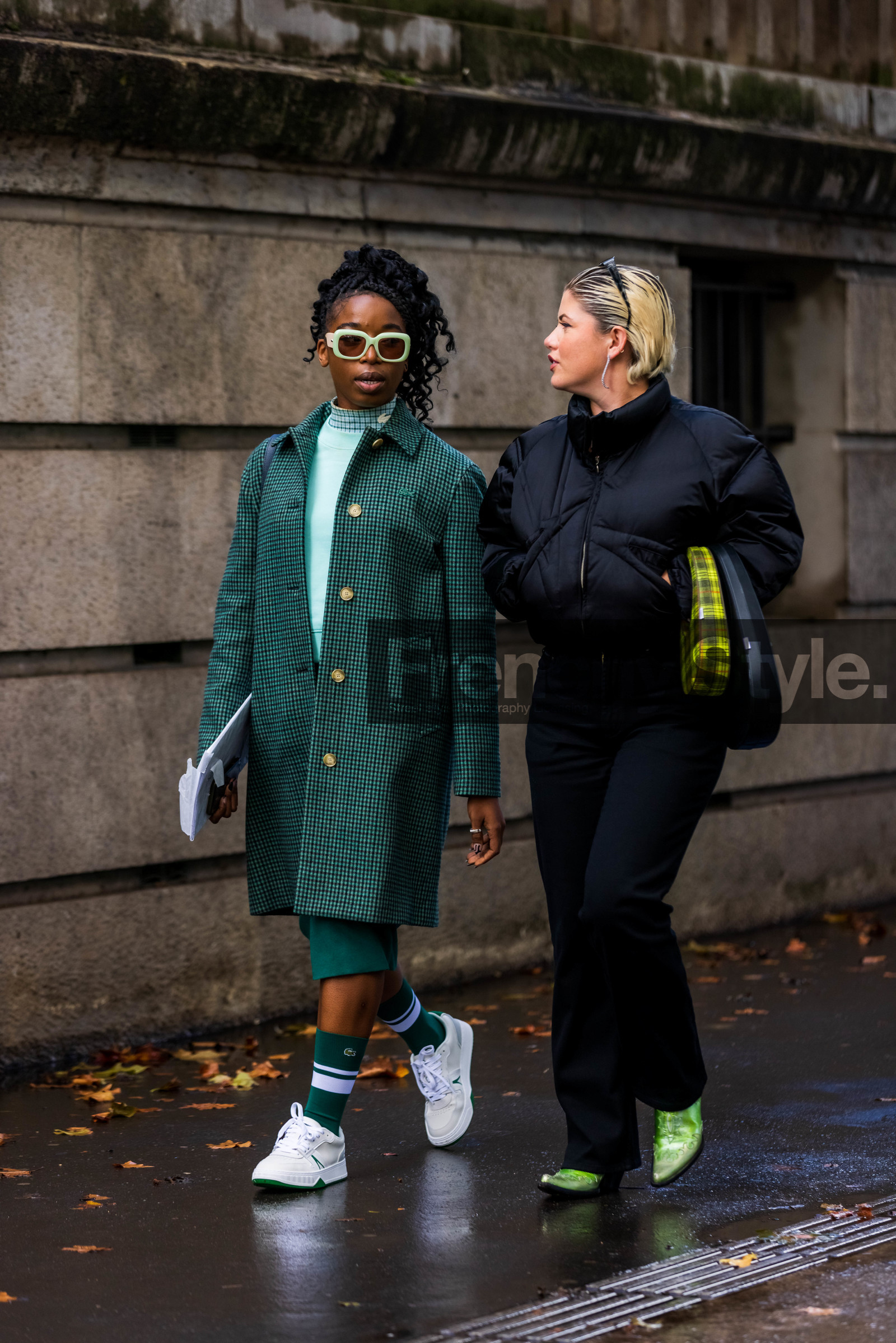 bag, black bag, black bomber, black pants, bomber, boots, checked coat, coat, coperni bag, duo, green boots, green coat, green socks, green sunglasses, lacoste look, leather bag, pants, print, printed bag, printed coat, sneakers, socks, sunglasses, white sneakers, lacoste, fashion week, frenchystyle, FW, jonathan paciullo, street style, PFW, PARIS, SPRING SUMMER 2022, SS 22, vertical, full length