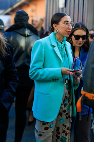 light blue blouse, light blue jacket, light blue pants, ruffle blouse, floral printed pants, beige pants, aviator glasses, metalic frame sunglasses, silvered earrings, hoop earrings, pink ring, plastic ring, fashion week, frenchystyle, FW, jonathan paciullo, street style, MFW, MILAN, AUTUMN WINTER 2020-2021, FALL WINTER 2020-2021, FW 20-21, vertical, atmosphere details, detail